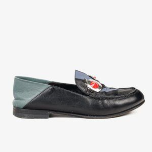 Fendi Monster Thunderbolt Eye Black Silver Studded Loafers, Size 5.5